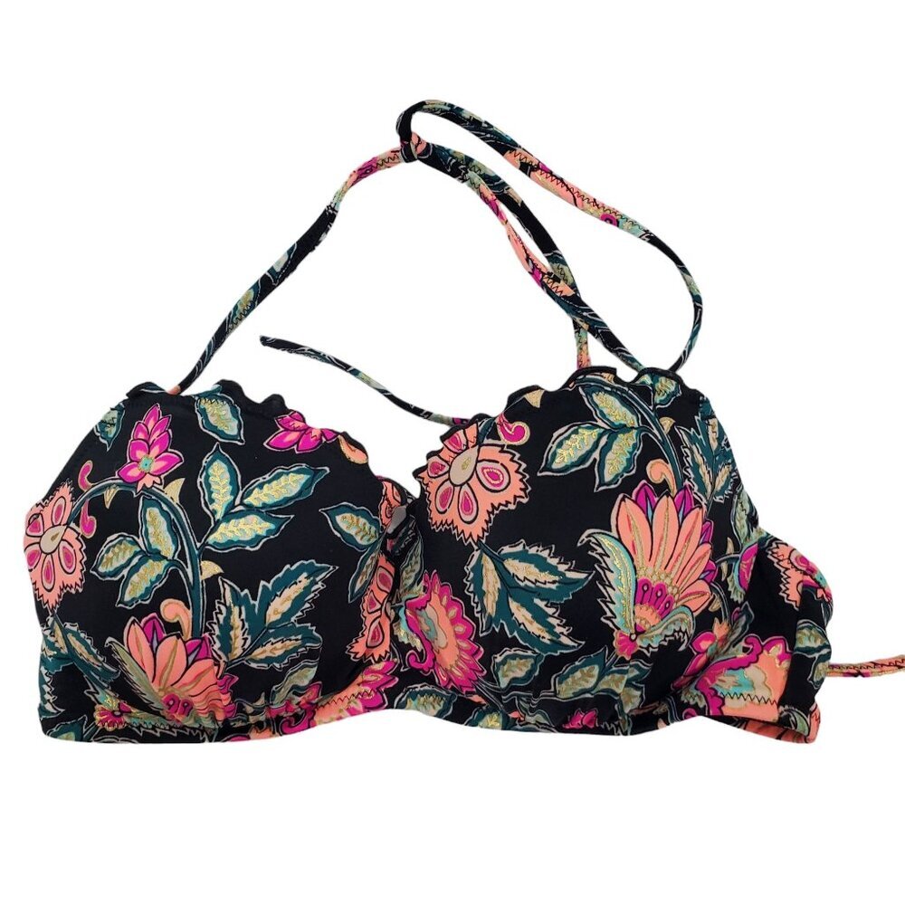 Shade & Shore Womens Black Metallic Neon Paisley Underwire Halter Bikini Top 34B
